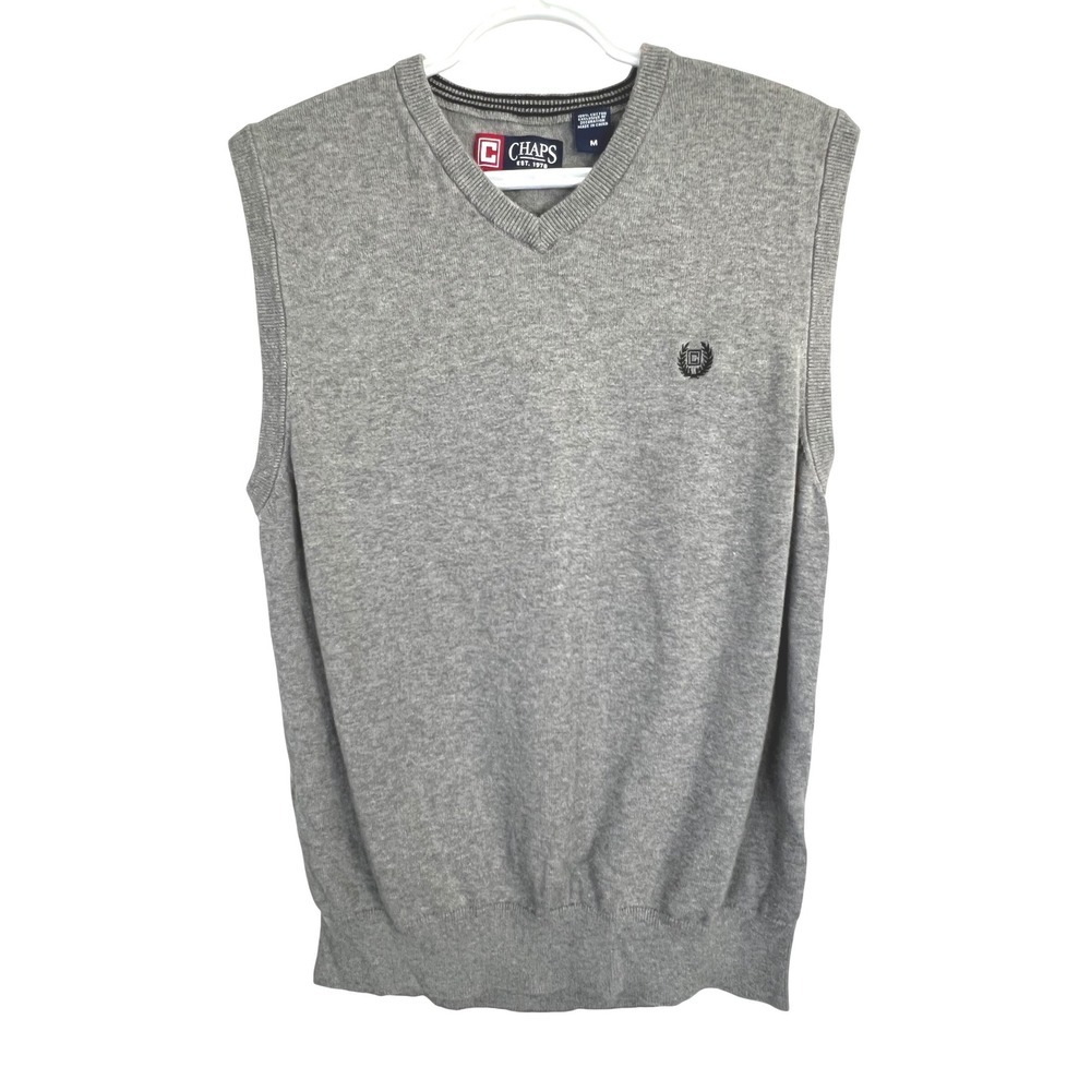 Chaps Men's V-Neck Sweater Vest Heather Gray Knit Pullover - Size Medium
